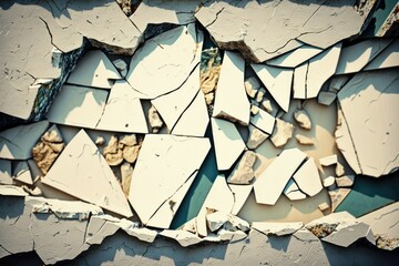 Wall Mural - Marble stone fragments in a grungy wall setting, broken slabs of stone as a backdrop for a sale, irregular rock forms. Generative AI