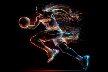 Wall Mural - Basketball player with bright glowing abstract lines. Generative ai