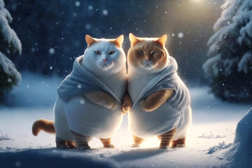 Sticker - Two cats dressed in sweaters standing in the snow. Generative AI.