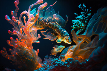 Sticker - An underwater scene with colorful fish and coral. Generative AI.