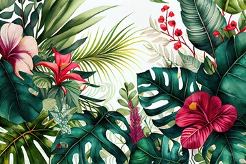 Wall Mural - tropical vegetation and hibiscus flower patter ideal for exotic backgrounds, generative AI