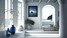 Beautiful Interior Of A Greek Beach House Room, Generative Ai