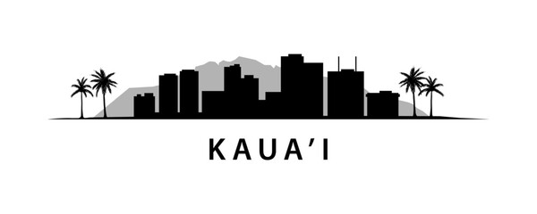 Wall Mural - Kaua'i Island of Hawaii Skyline. American State of USA country. Exotic landscape graphic. Silhouette black and white design. Caribbean lands on Pacific Ocean.