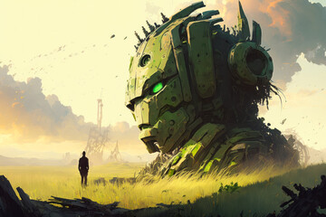 Canvas Print - Man standing in front of giant robot. Generative AI.