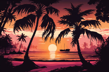 Sticker - Tropical sunset with palm trees and boats on the beach. Generative AI.