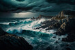 Dark stormy scene with waves crashing on the rocks. Generative AI.