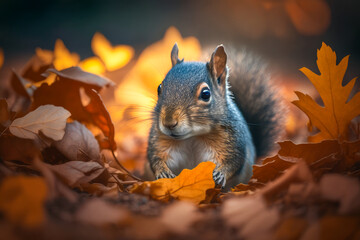 Wall Mural - Squirrel sitting in the middle of autumn leaves. Generative AI.