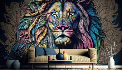 Wall Mural - lion head tattoo style, colorful wallpaper design, interior art, generative ai