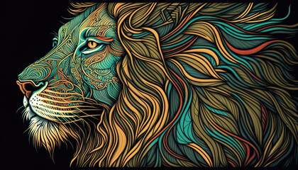 Naklejka na meble lion head tattoo style, colorful wallpaper design, generative ai
