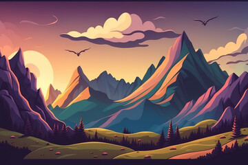 Wall Mural - Beautiful natural scenery with high mountains. As the sun sets, clouds cover the sky. Generative AI