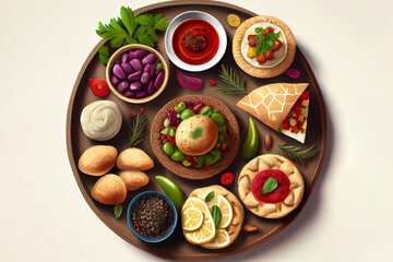 Wall Mural - Nutritious Mediterranean appetizer concept. Arabic traditional cuisine. Middle Eastern meze with pita, olives. Generative Ai