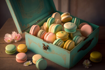 Canvas Print - Macarons in blue box on wooden table. Generative AI.