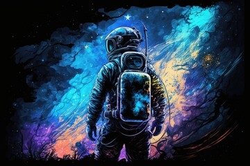 Wall Mural - In the background of this space opera... An astronaut is reflected in a nebula of color on a shiny surface. Paint by number,. Generative AI