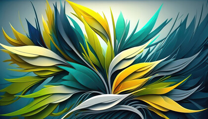 Wall Mural - wallpaper design, floral leaf background with flowers, light blue and green and yellow fresh spring colors, generative ai