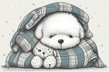To Combat The Chill Of Late Fall And Early Winter, A Tiny Bichon Frise Puppy Snuggles Up With A Stuffed Bear And Rests Beneath A Pile Of Cozy Plaid Blankets. Generative AI