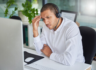 Poster - Headache, tired and call center man fatigue, stress and burnout in online, virtual service or salesman career. Confused, thinking or depressed consultant, professional advisor or telecom agent person