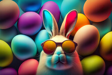 Very Cool Bunny With Sunglasses, Among Colorful Eggs. Happy Easter Greeting Card. AI Generated Illustration.