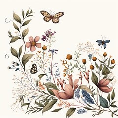 Poster - Beautiful vines flower with butterflies in vintage art style. Beautiful butterfly. Vintage art with digital art traditional style. Generative AI. 