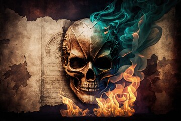 Canvas Print - Death mask, flames, and smoke. Explanation of the historical context of the Halloween and horror genres. Precision focus, superimposed on the patina of aged paper. Generative AI