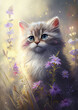 Cute little cat sitting in wild field flower watercolor painting , pastel colors floral background, greeting card, tender artistic illustration, cat in flowers beautiful  composition, multicolored