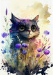 Cute little cat sitting in wild field flower watercolor painting , pastel colors floral background, greeting card, tender artistic illustration, cat in flowers beautiful  composition, multicolored