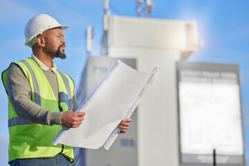 Poster - Engineering, blueprint and black man planning at construction site with paperwork. Handyman, outdoor and African male contractor working with architecture plans for building, repairs or maintenance.
