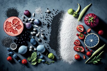 Poster - fruits, veggies, seeds, superfoods, cereals, and greens, all with a focus on clean eating, set again