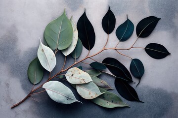 Poster - leaves of a eucalyptus tree, against a grey marble background. eucalyptus branch support structure. 