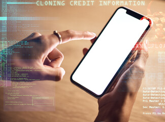 Poster - woman, hands or phone screen of hacking information, phishing mockup or abstract coding overlay in n