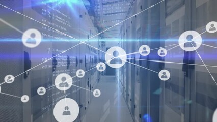 Poster - Animation of network of connections with icons and data processing over server room