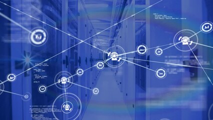 Poster - Animation of network of connections with icons and data processing over server room