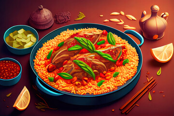 Wall Mural - Healthy Vegetarian kabsa. Ramadan food. Kabsa is traditional saudi arabian cuisine dish. Generative Ai
