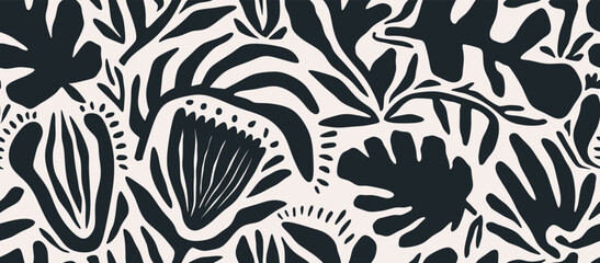 Hand drawn minimal abstract organic shapes seamless pattern, leaves and flowers.
