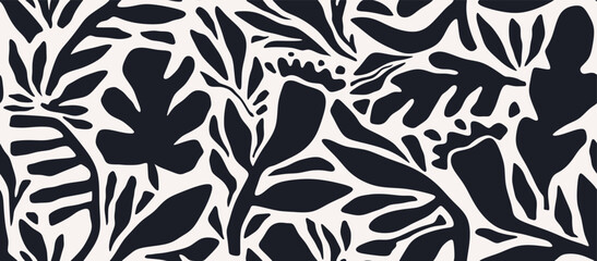 hand drawn minimal abstract organic shapes seamless pattern, leaves and flowers.