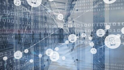Poster - Animation of network of connections with icons and binary coding over server room