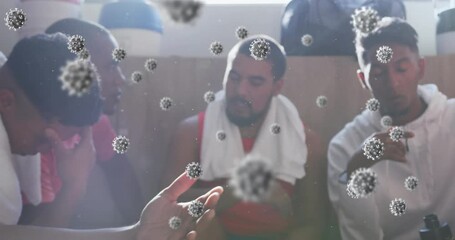 Poster - Animation of virus cells floating over diverse group of male football players in changing room
