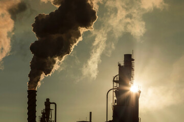 Backlight view of factory chimneys at sunset