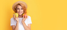 Summer Girl Hold Apple. Beauty Woman Isolated Face Portrait, Banner With Mock Up Copy Space. Vitamin And Dieting. Woman In Straw Hat Eating Healthy Food. Youth Health.