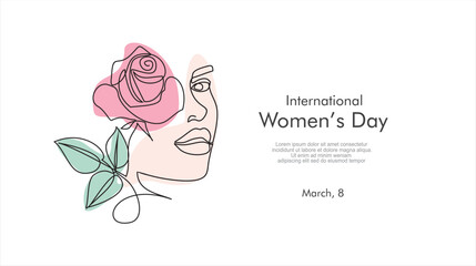 International Women's Day holiday illustration. Woman face with rose flower in one continuous line drawing. Female portrait in linear style.Can used for logo, emblem, slide show and banner. 