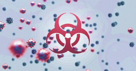 Poster - Animation of virus cells floating and biohazard symbol on blue background