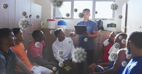 Poster - Animation of virus cells over diverse group of male football players with coach in changing room