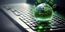 Technology With The Concept Of Nature. Laptop Keyboard With Green Globe. Efficient Technology. Digital Sustainability. Environmentally Friendly Technology, Sustainable Development Goals Generated AI.