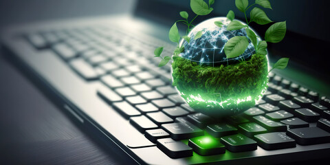 Technology with the concept of nature. Laptop keyboard with green globe. Efficient technology. Digital sustainability. Environmentally friendly technology, sustainable development goals generated AI.