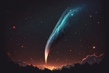 Wall Mural - Glowing comet in the starry sky. Observation of celestial objects. Real photography of a comet's tail against a background of stars. Generative AI