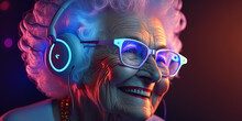 Grandma Listens To Music. Cool Grandmother Wearing Headphones Listening Music. Generative Ai. Forever Young Elderly Hipster Woman Enjoys A Favourite Song