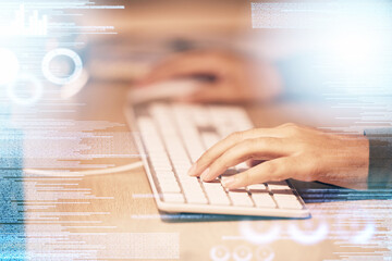 Aufkleber - Typing, computer and overlay with hands of person in office at night for email, digital and proposal. Technology, internet and search with employee and keyboard for report, deadline and planning