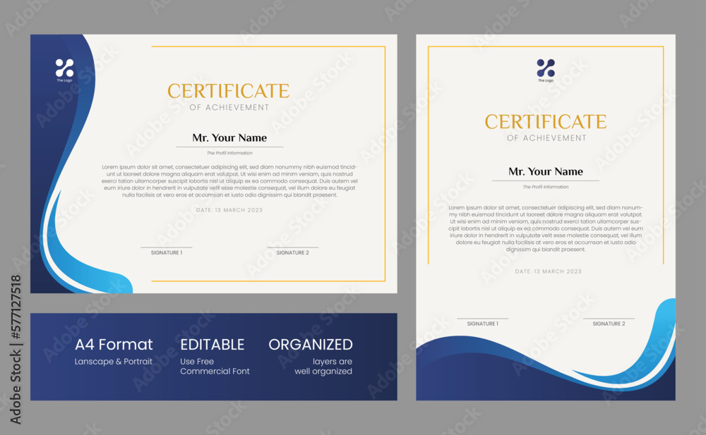 Editable Blue and gold certificate of achievement design template Stock ...