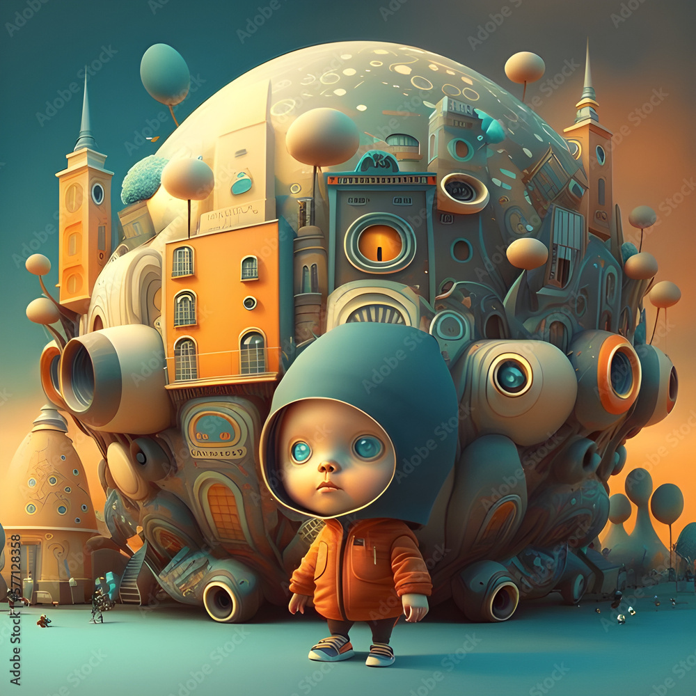 spaceship landed alien child next to it with blue eyes cartoon style ...