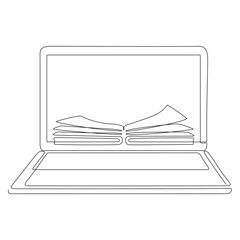Poster - Continuous line drawing of laptop with book. Online education linear illustration. Vector isolated on white.	