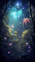 Star - Filled Cosmic Lush Verdant Jungle Full Of Stars With Exotic Bioluminescent Flowers,the Most Beautiful Image Ever Seen